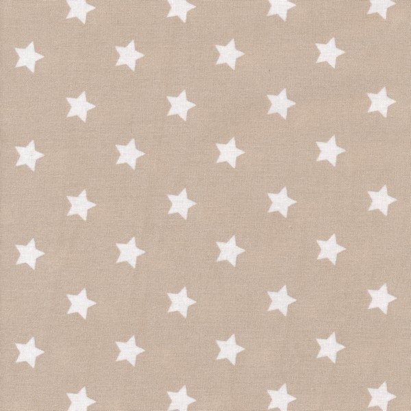 Toile cirée coton enduit beige crème latté motif étoiles blanches, nappe vendu par multiples de 10cm (X142cm)