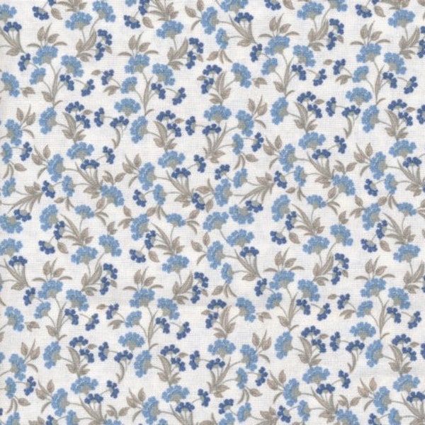 Toile cirée en coton enduit PVC a petites fleurs bleu des champs, vendu a la coupe par multiples de 10cm