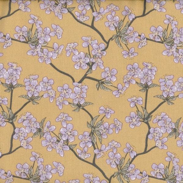 PVC coated cotton oilcloth with Japanese print, purple apple blossom pattern on ocher yellow, sold cut in multiples of 10cm