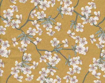 Toile cirée coton imprimé japonais fleurs de pommier ocre jaune, enduit finition satiné, vendu a la coupe par multiples de 10cm