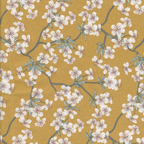Toile cirée coton imprimé japonais fleurs de pommier ocre jaune, enduit finition satiné, vendu a la coupe par multiples de 10cm