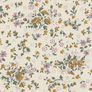 Ecru coated cotton oilcloth with liberty style floral print pattern, small mauve and ocher yellow flowers, sold in multiples of 10cm (X 142cm)