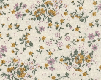 Unbleached oilcloth coated cotton with a liberty-style floral print pattern, small mauve and ochre yellow flowers, sold in multiples of 10cm (X 142cm)