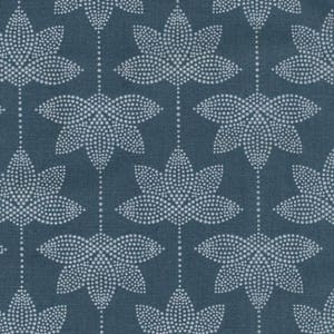 Oil blue coated cotton oilcloth with lotus flower printed pattern, sold cut in multiples of 10cm