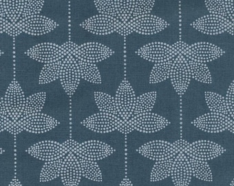 Oilcloth in coated petrol blue cotton with lotus flower pattern, sold by the cut in multiples of 10cm (X140cm)
