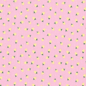 Fruit printed oilcloth in PVC coated cotton with yellow strawberry pattern on a pink background, sold in multiples of 10cm X142cm image 3