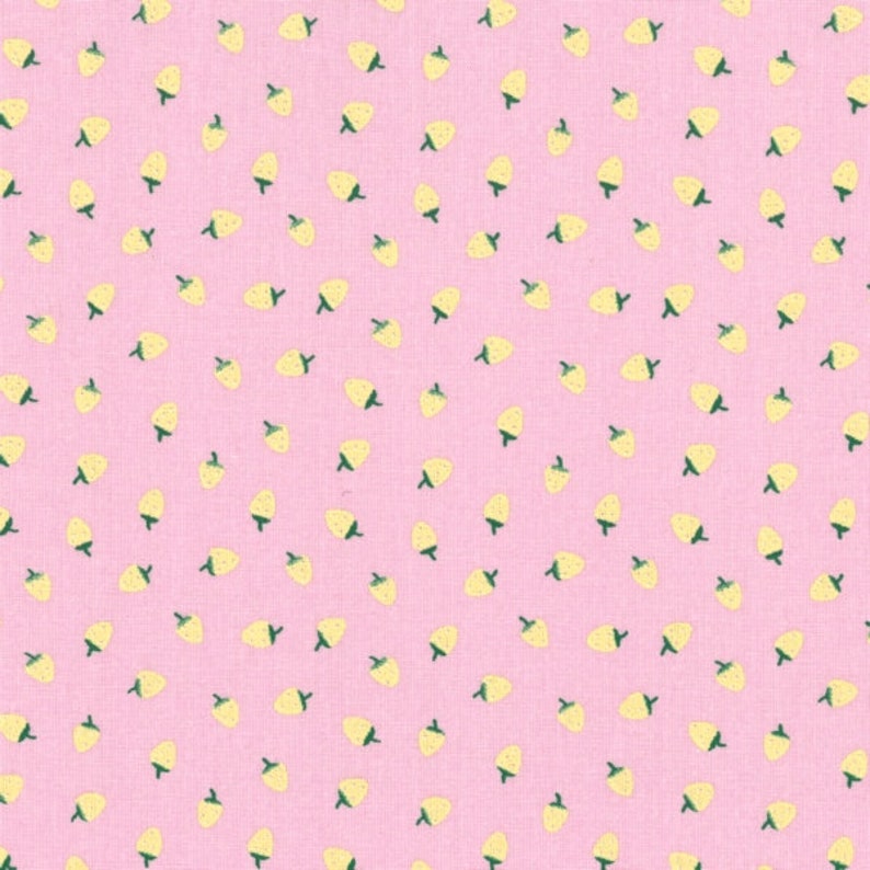Fruit printed oilcloth in PVC coated cotton with yellow strawberry pattern on a pink background, sold in multiples of 10cm X142cm image 3