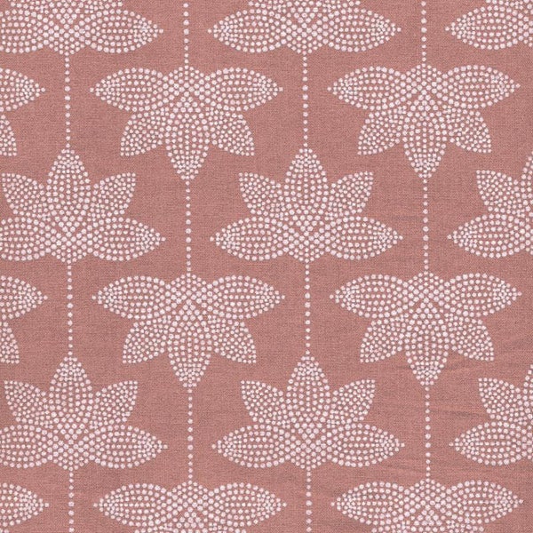 Oilcloth in cotton coated white lotus flower on Indian pink for making tablecloths sold in multiples of 10cm (X 142cm wide)