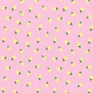 Fruit printed oilcloth in PVC coated cotton with yellow strawberry pattern on a pink background, sold in multiples of 10cm X142cm image 1