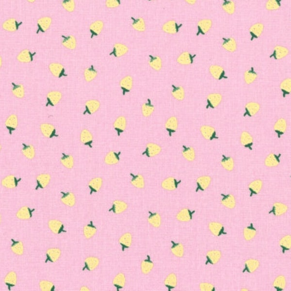 Fruit printed oilcloth in PVC coated cotton with yellow strawberry pattern on a pink background, sold in multiples of 10cm (X142cm)