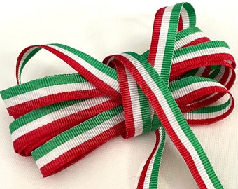 Ruban tricolore drapeau Italien vert blanc rouge en 10mm de large, vendu au par multiples de 3 mètres, 5 mètres, 10 mètres, 25 mètres