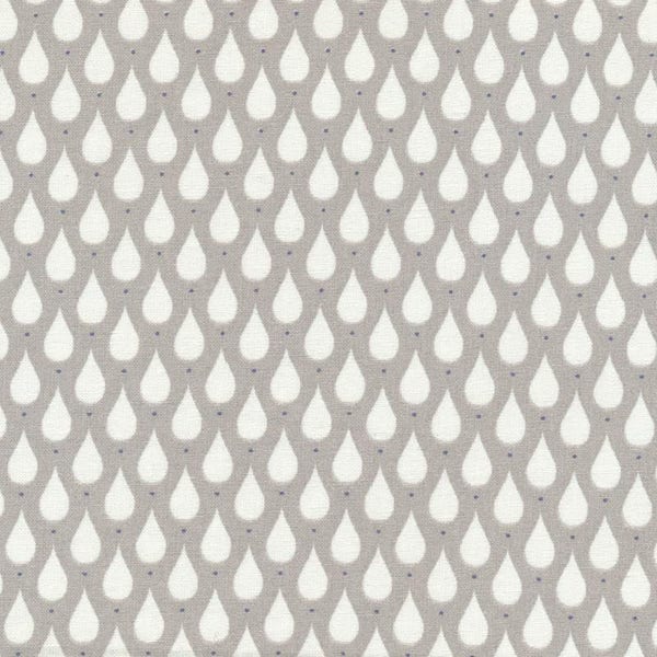 Toile cirée coton enduit motif gouttes blanches sur fond gris taupe vendu a la coupe par multiple de 10cm
