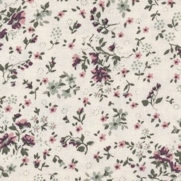 Toile cirée écru coton motif imprimé floral style liberty petites fleurs mauve et rose, vendu par multiples de 10cm (X 142cm)