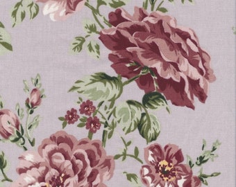 Toile cirée coton enduit ton mauve/vieux rose motif fleurie imprimé bouquets de roses, vendu a la coupe par multiple de 10cm