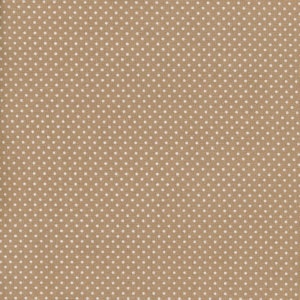 Oilcloth in coated cotton with small white polka dots on camel beige, tablecloth sold cut in multiples of 10cm (X 142cm)