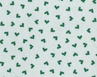 Toile cirée en coton enduit PVC vert menthol imprimé vert motif coeur, vendu par multiples de 10cm (X142cm)