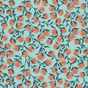 Toile cirée imprimé fruits en coton enduit PVC motif orange, vendu par multiples de 10cm X142cm fruit orange