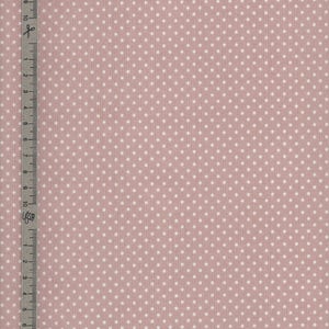 Pink coated cotton oilcloth with white polka dot pattern, sold by the cut in multiples of 10cm (142cm wide)