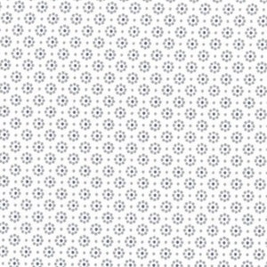 Peut inclure: Tissu blanc avec un motif répétitif de petites fleurs grises. Chaque fleur a un centre gris foncé entouré d'un anneau de petits points gris. Le motif est uniformément espacé sur le tissu.