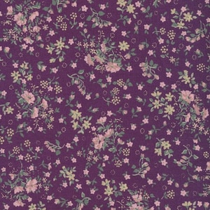 Purple mauve coated cotton oilcloth in coated cotton with small liberty-style flower pattern, sold in multiples of 10cm (X 142cm)