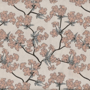 Japanese printed cotton oilcloth with powder pink apple blossom pattern, sold cut in multiples of 10cm