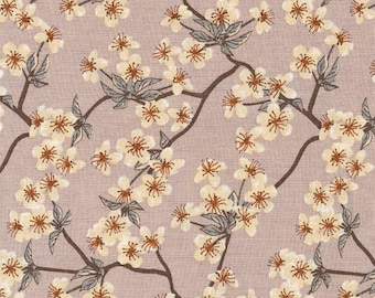 Japanese-print cotton oilcloth with a rustic apple blossom pattern on a dusty rose background, sold by the cut in 10cm increments