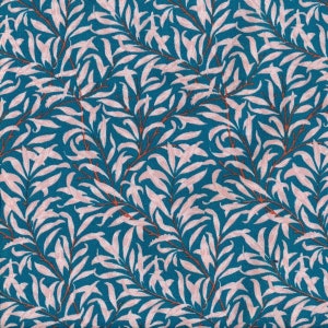 Oilcloth in duck blue coated cotton with foliage print pattern, sold in multiples of 10cm (X142cm wide)
