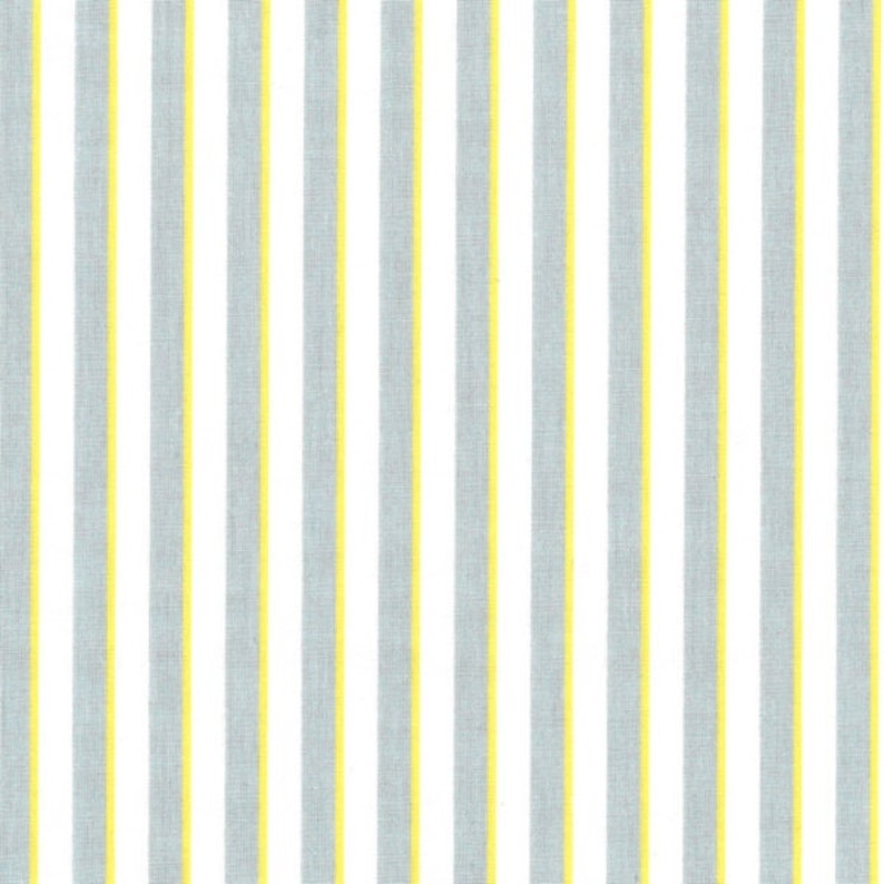 May include: A repeating pattern of vertical stripes. Alternating stripes of light grey, white, and yellow. The yellow stripes are thin and centered between the grey and white stripes. The pattern is suitable for fabric or wallpaper.