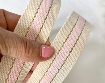 STRIPES cotton webbing with gold, ecru and pink metallic thread strips for bag and shopping bag handles, 30mm wide, sold by the meter in multiples