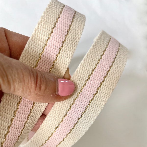 Sangle coton STRIPES bandes fil métallisé or, écru et rose pour anses sac et cabas en 30mm de large, vendu au mètre par multiples