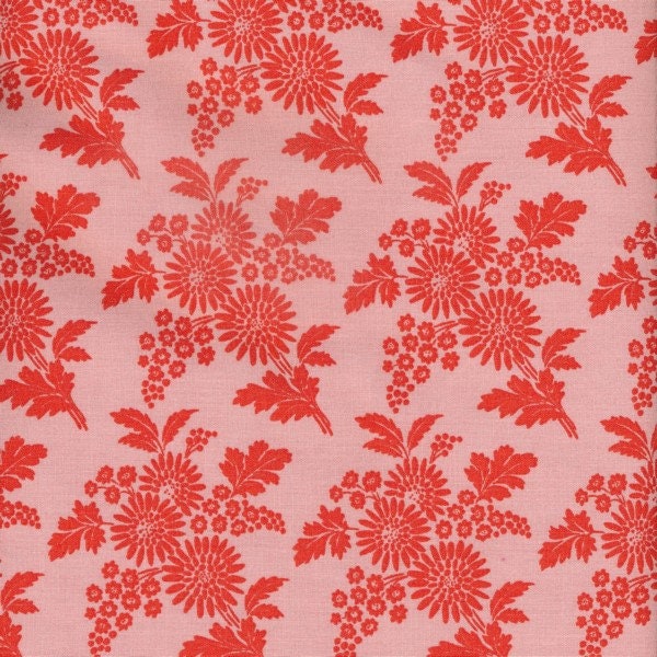 PVC coated cotton oilcloth, retro pattern printed with red flowers on pink, vintage style tablecloth, sold in multiples of 10cm