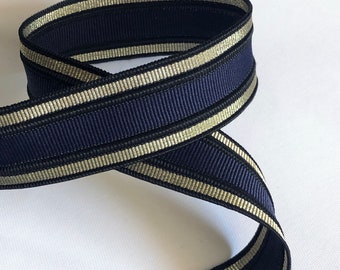 MARINEBLAUES, gestreiftes Band aus metallischem GOLD-Lurex, 30 mm breit, geflochten für die Herstellung von Einkaufstaschengriffen, pro Meter verkauft