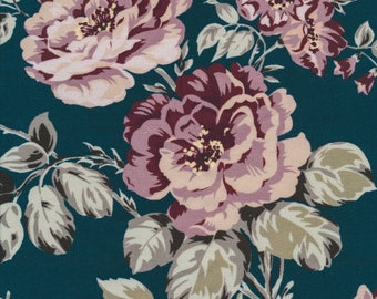 Coated cotton oilcloth with floral pattern of bouquets of roses on old pink, old tablecloth creation, sold by the cut in multiples of 10cm