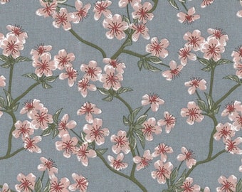 Toile cirée coton enduit imprimé japonais motif fleurs de pommier rose sur bleu ancien, vendu a la coupe par multiples de 10cm (x142cm)