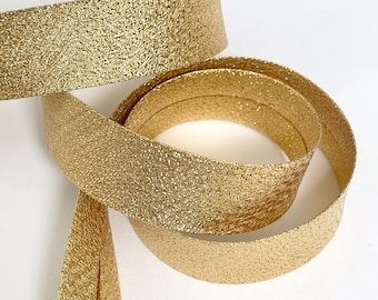 Folded yellow gold gold metal laminated bias binding, folded bias binding 2 cm wide, sold by the meter