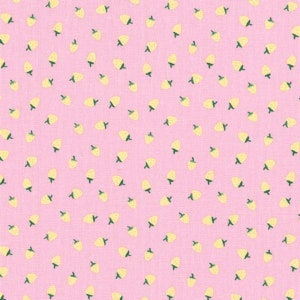 Fruit printed oilcloth in PVC coated cotton with yellow strawberry pattern on a pink background, sold in multiples of 10cm X142cm image 5