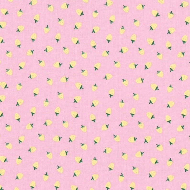 Fruit printed oilcloth in PVC coated cotton with yellow strawberry pattern on a pink background, sold in multiples of 10cm X142cm image 5