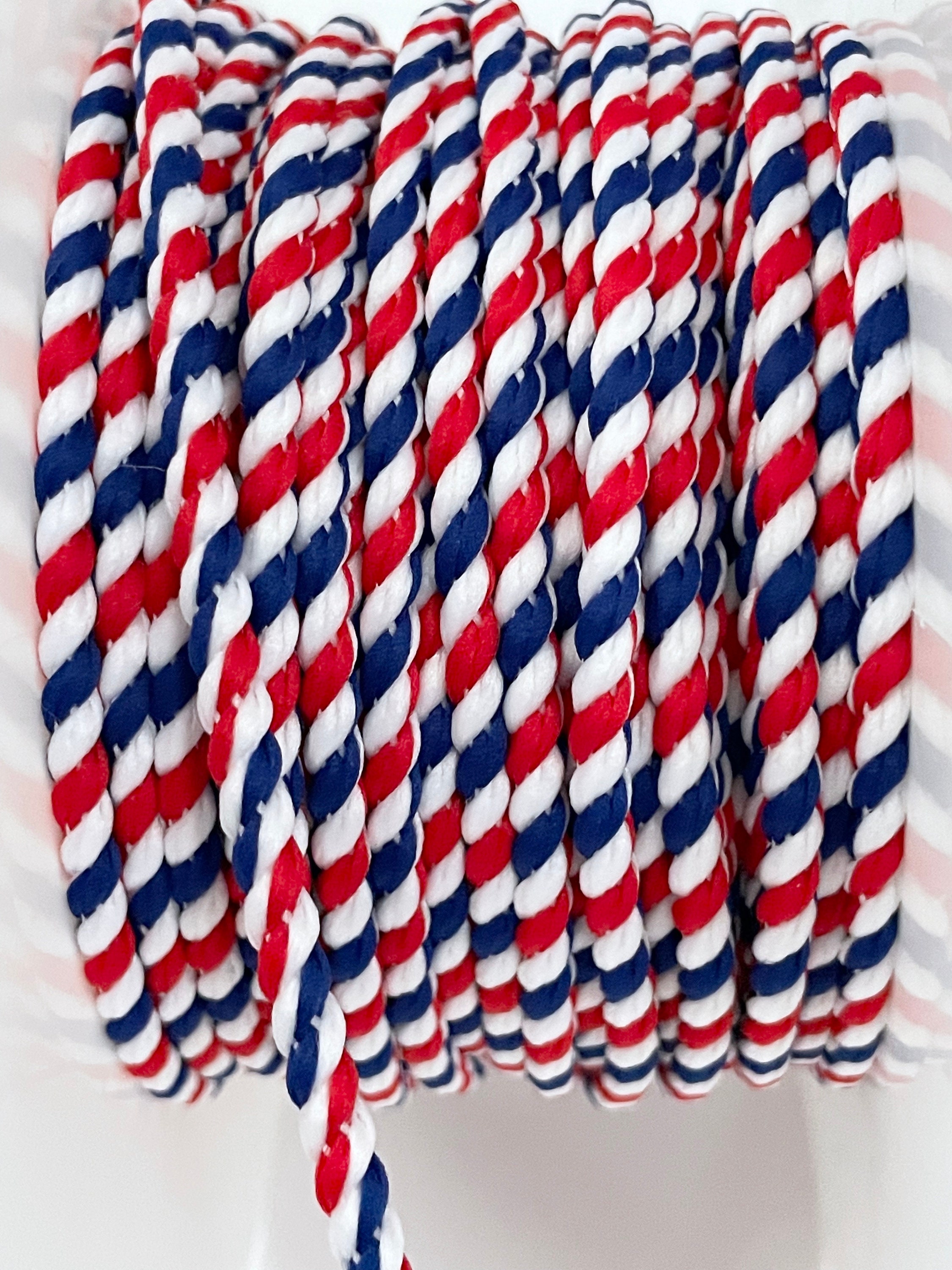 Tricolor blue white red cotton cord 4mm in diameter, sold by the cut Sold in multiples