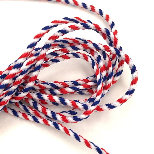 Tricolor blue white red cotton cord 2mm in diameter, sold cut in multiples