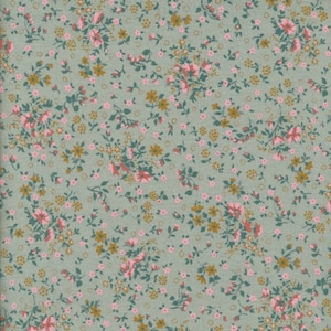 Tela cerata verde celadon in cotone spalmato con stampa floreale in stile Liberty, piccoli fiori, venduta in multipli di 10 cm (X 142 cm di larghezza)