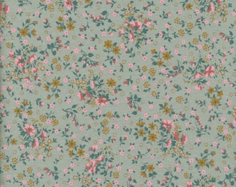 Toile cirée vert céladon en coton enduit motif imprimé floral style liberty petites fleurs, vendu par multiples de 10cm (X 142cm de large)