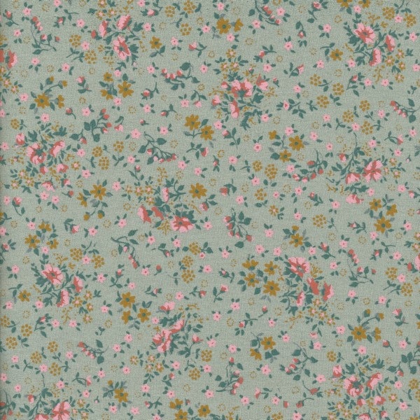 Toile cirée vert céladon en coton enduit motif imprimé floral style liberty petites fleurs, vendu par multiples de 10cm (X 142cm de large)