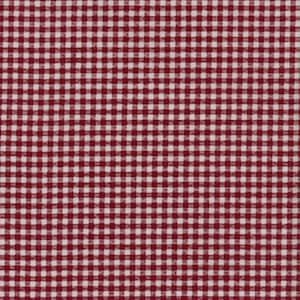 May include: A close-up of a fabric featuring a traditional red and white gingham check pattern. The material is closely woven, displaying a repeating square design. The squares are uniform in size, creating a textured appearance. Ideal for various sewing and craft projects.