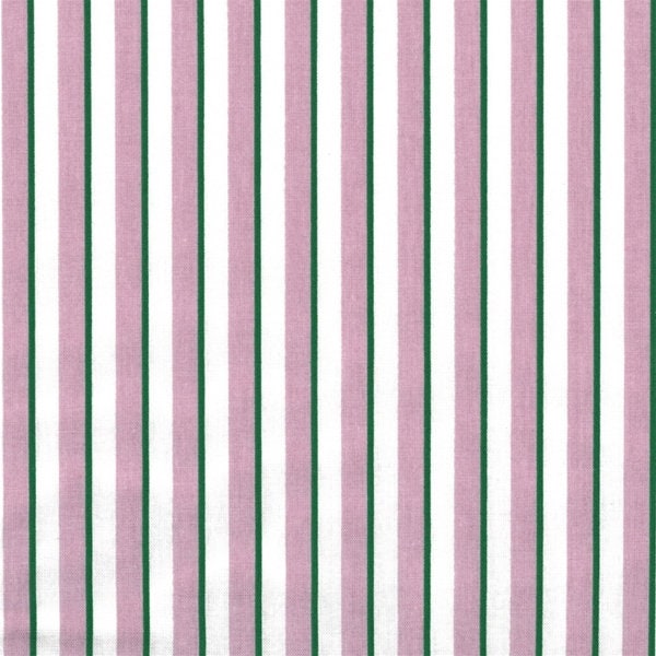 Oilcloth in PVC coated cotton with pink and green vertical stripes pattern on a white background, sold cut in multiples of 10cmX142cm