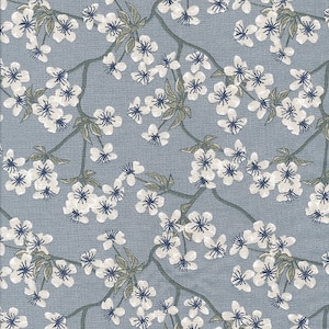 Old blue coated cotton oilcloth with Japanese apple blossom pattern, sold by the cut in multiples of 10cm