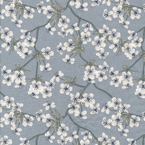 Oilcloth in old blue coated cotton Japanese apple tree flower pattern, sold cut in multiples of 10cm