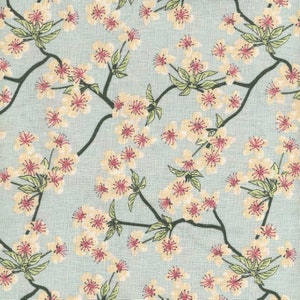 Japanese printed cotton oilcloth with apple blossom pattern on coated turquoise blue, sold in multiples of 10cm (142cm wide)