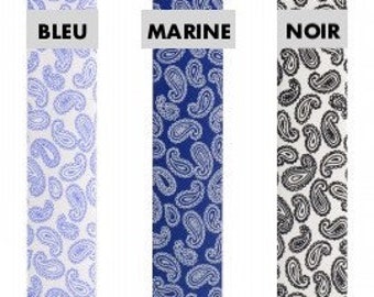 Biais coton fantaisie motif PAISLEY cachemire bleu, marine et noir, biais pré-plié 2 plis 2cm, vendu au mètre