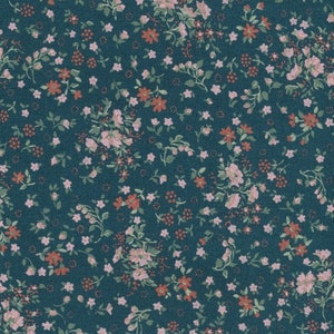 English green coated cotton oilcloth with small liberty style flower pattern, tablecloth sold in multiples of 10cm (X 142cm)