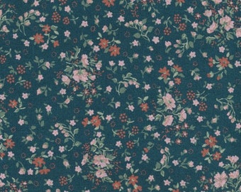 Toile cirée coton enduit vert anglais a motif petites fleurs style liberty, nappe vendu par multiples de 10cm (X 142cm)